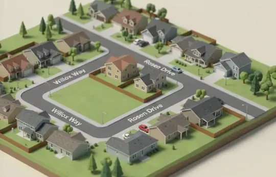 A miniature neighborhood; a map pin drops onto one lot.